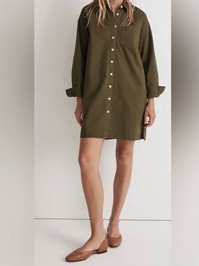 Olive Green Button-Front Shirt Dress